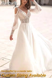 Runhufu Chiffon Wedding Dresses Detachable Puff Sleeves V Neck Lace Applique Backless Boho Elegant Bridal Gowns Vestidos De Novia