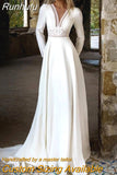 Runhufu Simple Satin Bridal Gowns Deep V-Neck Long Sleeves Wedding Dresses For Women 2023 Lace Appliques A-Line vestidos de noiva