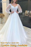 Runhufu Dress Gorgeous Long Sleeve A-Line Puff Sleeve Sweep Train Backless Bridal Gowns Lace Beaded Gorgeous Robe De Mariee