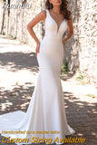 Runhufu Mermaid Wedding Dresses Sheer V-Neck Sleeveless Crystal Sweep Train Elegant Satin Bridal Gown With Button Back 2023