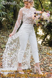 Runhufu Open Back Pant Suit Wedding Party Bride Gowns V-neck Applique Lace Long Sleeves Bridal Wedding Dresses Cheap New Dress