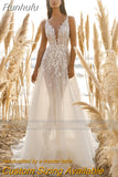Runhufu Bohemian Wedding Dresses Lace Applique Women's Sexy Deep V-Neck Sleeveless Bridal Gowns Thin Beach Party Princess Robe