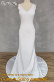 Runhufu Real Picture Simple V-Neck Sleeveless Spaghetti Crepe Mermaid Wedding Dress Open Back Court Train Bridal Gown