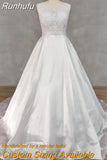 Runhufu Real Picture O-Neck A-Line Appliques Sleeveless Satin Wedding Dress Lace Up Back Court Train Bridal Gown Custom Made