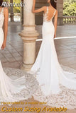 Runhufu V-Neck Mermaid Wedding Dresses With Long Train 2023 Lace Appliques Elegant Bride Gown For Women Sleeveless Backless