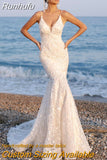 Runhufu Simple Sleeveless Beach Wedding Dress For Bride 2023 Spaghetti Straps V-Neck Bridal Gown Floral Lace Appliques Backless