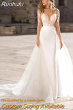 Runhufu Lace Long Sleeve Wedding Dress Mermaid Sexy V-Neck Bridal Gown Appliques Open Back Spandex And Tulle Train Custom Made