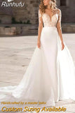 Runhufu Lace Long Sleeve Wedding Dress Mermaid Sexy V-Neck Bridal Gown Appliques Open Back Spandex And Tulle Train Custom Made