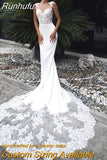 Runhufu Sleeveless Mermaid Wedding Dresses 2023 Sheer Scoop Neck Lace Appliques Vintage Bridal Gown Blackless Sweep Train