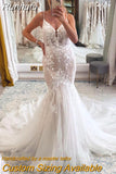 Runhufu Spaghetti Straps Wedding Dresses V-Neck Mermaid Sleeveless Backless Bride Gown Lace Appliques Zipper Vestidos De Noiva