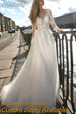 Runhufu NICEB Illusion Lace Long Sleeves Wedding Dress Appliques Buttons Back Vestidos De Noiva Mariage Tulle A Line Custom Made