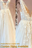 runhufu Champagne V Neck Lace Appliques Wedding Dress 2023 with Shiny Tulle Vestidos Garden A Line Backless Bridal Gowns