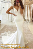 Runhufu Deep V-Neck Mermaid Wedding Dresses 2023 Cap Sleeve Lace Appliques Backless Formal Satin Bridal Gown Long Sweep Train