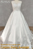 Runhufu Real Picture O-Neck A-Line Appliques Sleeveless Satin Wedding Dress Lace Up Back Court Train Bridal Gown Custom Made