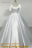 Runhufu New Luxury Satin Wedding Dress Pure White With Train Simple Bridal Ball Gown Plus Size Custom Made Lace Up Vestido De Noiva
