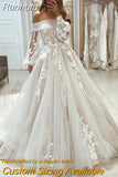 Runhufu Women's Wedding Dresses Lace Decal Sexy Off Shoulder Long Sleeve Princess Prom Bridal Gown Bohemia Fashion Robe De Mariée