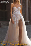 runhufu Boho High Side Split Wedding Dresses Lace Appliques Sweetheart A-Line Bride Dress Sleeveless Princess Bride Gown