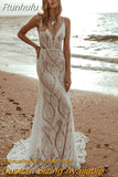 Runhufu Sexy Lace V Neck Mermaid Wedding Dresses 2023 Spaghetti Straps Sleeveless Bridal Dresses Backless Vestidos De Novia