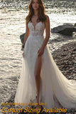 Runhufu Wedding Dress Organza With Embroidery Lace Backless Slit A Line Bride Dress V-neck Sexy Sleeveless Gowns Vestido De Novia
