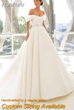 Runhufu Strapless Satin A-Line Wedding Dress Off The Shoulder Sweep Train Princess Bride Gown Plus Size Vestido de Noiva