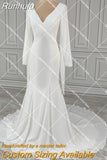 Runhufu Long Sleeves Black Mermaid Bridal Gowns V Neck Backless Tassels Custom Made Thigh Split Sexy Fringed Gothic Wedding Dress