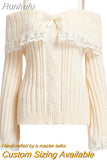 Runhufu Aesthetics Pink Pullover Sweet y2k Vintage Off Shoulder Knit Sweater Long Sleeve Bow Lace Patchwork Jumpers Streetwear