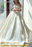 Runhufu Simple A-Line Wedding Dresses Off The Shoulder Satin Sweep Train Bridal Gowns Boho Beach Evening Wedding Gowns Custom Size