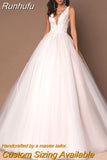 Runhufu Tulle Deep V-Neck Sleeveless Princess Wedding Dresses 2023 Lace Up Beads Applique Bridal Dress Ball Gown Vestidos De Novia