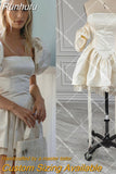 Runhufu Satin Short Lantern Sleeve Simple After Party Wedding Dress Custom Made Classic Square Neck Ribbon Cute Bridal Gowns