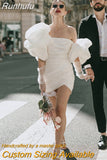 Runhufu Puff Sleeves Crepe Ruched White Mini Wedding Dress For Women Sheath Zipper Above Knee Short Bridal Gown Custom Made