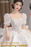 runhufu New Luxury Wedding Dresses Short Puff Sleeve Bridal Embroidered Organza And Tulle Sweetheart Heart Lace Wedding Gowns