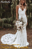 Runhufu Mermaid Wedding Dresses Spaghetti Straps Lace Backless Beach Sexy V-Neck Bohemian Bridal Gowns Elegant Vestidos De Noiva