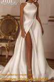 Runhufu Elegant Halter Sleeveless Wedding Dress 2023 High Slit Bow A-Line Bridal Gown Simple Stain Vestido De Novia Custom Made