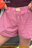 Runhufu Women's Y2k Pajamas Shorts Cute Plaid Pj Short Pants Flannel Lounge Sleep Shorts Bottoms Elastic Waist Baggy Boxers Tracksuit