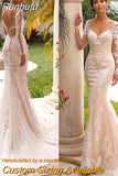 Runhufu Lace Appliqué Mermaid Wedding Dresses For Women Long Sleeve V-Neck Sexy Open Back Sweep Train Bridal Gown Vestidos De Noiva