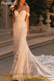 Runhufu Sexy Mermaid Lace Wedding Dresses Sweetheart Off The Shoulder Bride Gowns With Train Backless Button Robe De Mariée