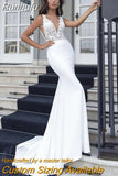 Runhufu V-Neck Mermaid Wedding Dresses For Women 2023 Sleeveless Lace Backless Vintage Long White Bridal Gown Sweep Train