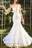 Runhufu Sweetheart Neckline Mermaid Wedding Dresses Exquisite Appliques Sleeveless Lace Bridal Gowns Vestido De Novia