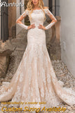 Runhufu Mermaid Wedding Dresses Embroidered Lace On Net Bridal Gown Boat Neck Full Sleeve Back Button Appliques Vestido De Novia