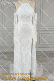 Runhufu Line Boho High Thigh Slit Lace Hippie Ball Gowns Real Pictures Long Wide Split Sleeve Spaghetti Straps Scalloped Wedding Dress