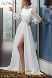 Runhufu NICEB Modern Satin Wedding Dress with Illusion Long Sleeves O-neck Dubai Sexy Side Slit Bridal Gowns vestido de novia