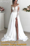 Runhufu Lace Split Wedding Dresses Sweetheart Long Sleeves A-Line Chiffon Applique Simple Boho Long Vestido De Noiva Bridal Gown