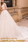 Runhufu Princess V-Neck Wedding Dress Long Sleeve Lace Up Appliques Ball Gown Luxury Bride Gown Backless Train Robe de mariée