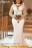 Runhufu Plus Size Arabic Sheer Neck Mermaid Wedding Dresses Sexy Long Sleeves Lace Beaded Bridal Gowns Vestidos De Novia