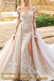 Runhufu Mermaid Detachable 2 In 1 Wedding Dress Embroidered Lace On Net With O-neck Full Sleeve Vintage Gowns Vestido De Novia