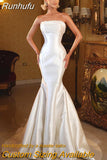 Runhufu White Mermaid Wedding Dresses Strapless Pearls Satin Bridal Gowns Boho Beach Backless Evening Wedding Prom Gowns Custom Size
