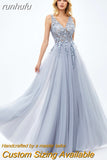 runhufu A-line Gray Formal Occasion Dress With Slit Lace Prom Dresses For Women Party Wedding Evening A-line Bridesmaid Gown