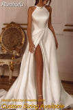 Runhufu White A-Line Wedding Dresses Halter Neck High Split Backless Bridal Gowns Boho Beach Sweep Train Wedding Gowns Custom Size