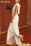Runhufu Simple Deep V-Neck Crepe Flare Sleeves Mermaid Wedding Dress For Women Open Back Court Train Bridal Gown Custom Made