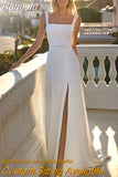 Runhufu Square Collar White Wedding Dresses For Women Side Split Sleeveless Belt Modern Button Bride Gown Backless Robe de Mariée